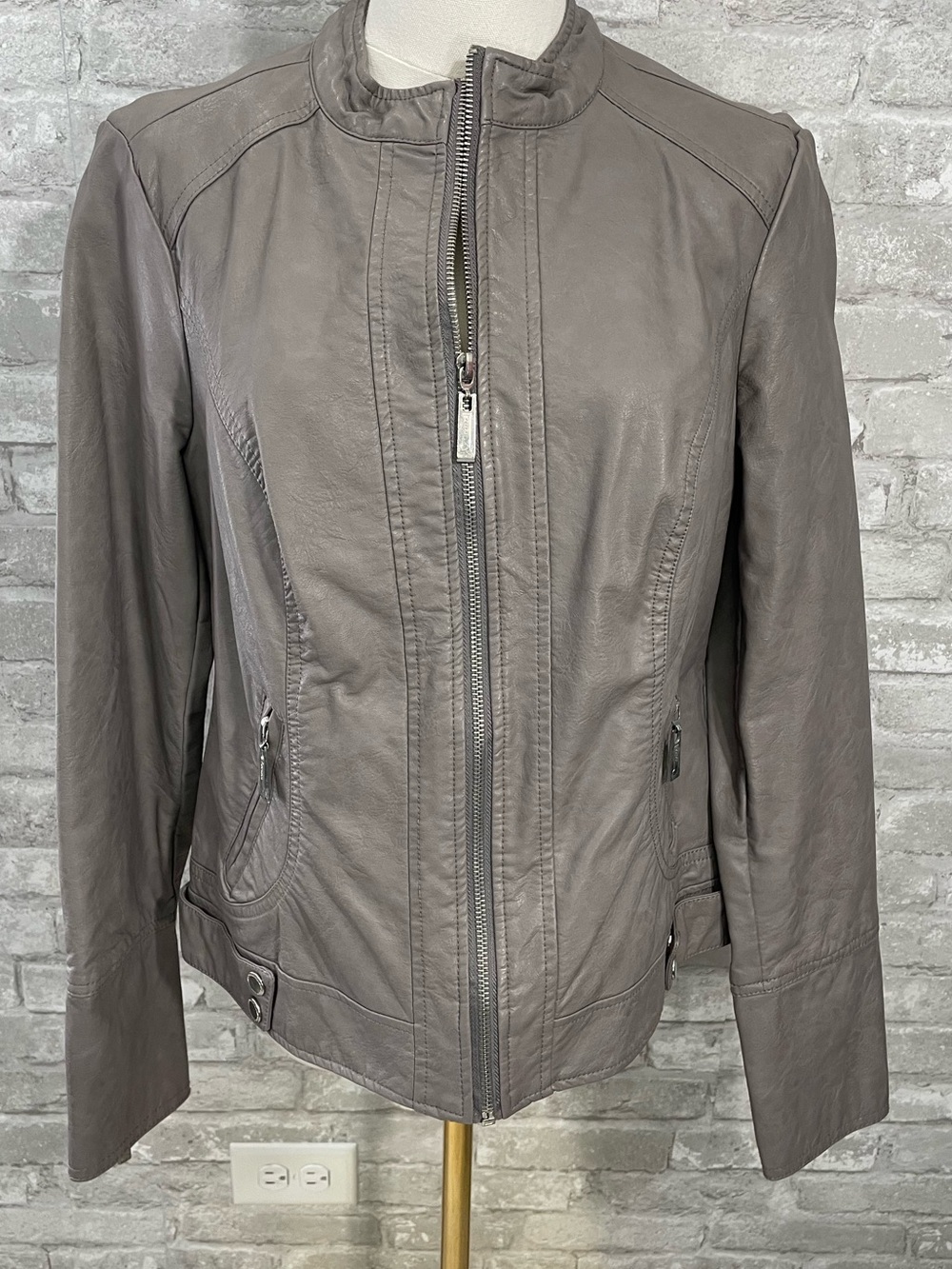 Jou Jou Taupe Gray Faux Leather Zip-Up Jacket